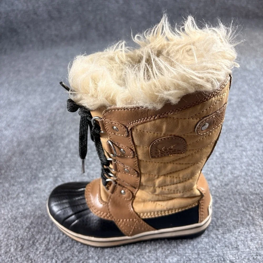 Sorel Tofino II Snow Boots Girls Youth 2 Tan Black Faux Fur Waterproof NY2419